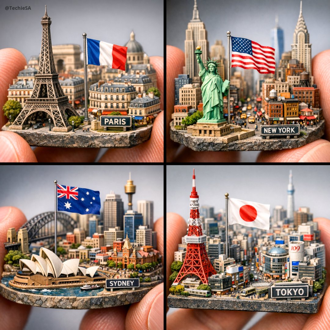 Illustration & 3D: Extreme close-up macro of miniature city diorama [CITY, COUNTRY] on a solid ba...