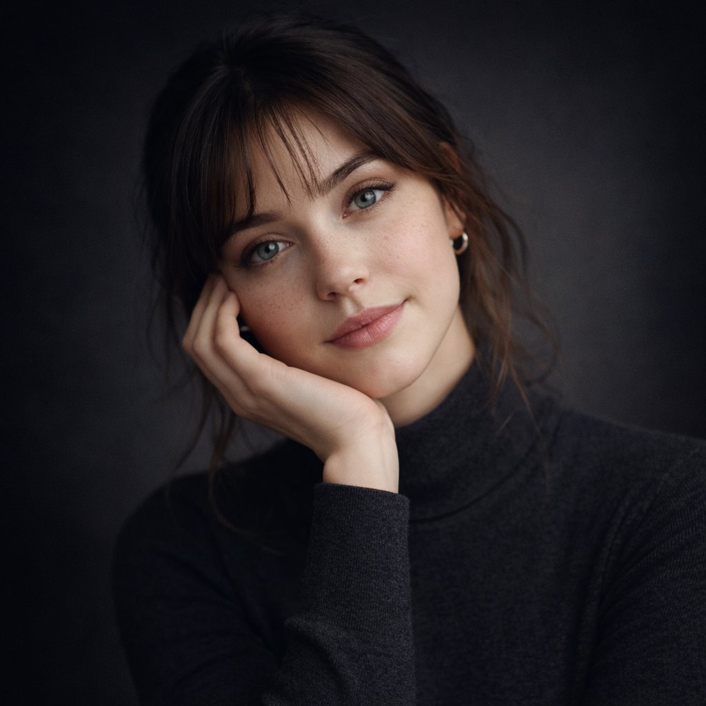Photography: Ultra-realistic studio portrait of a young woman, front-facing, centered compo...