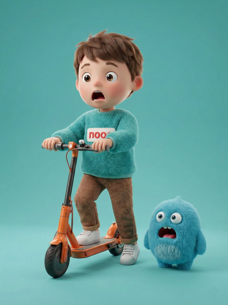 Illustration & 3D: A high-quality 3D render of a cute young boy riding an orange electric scooter...