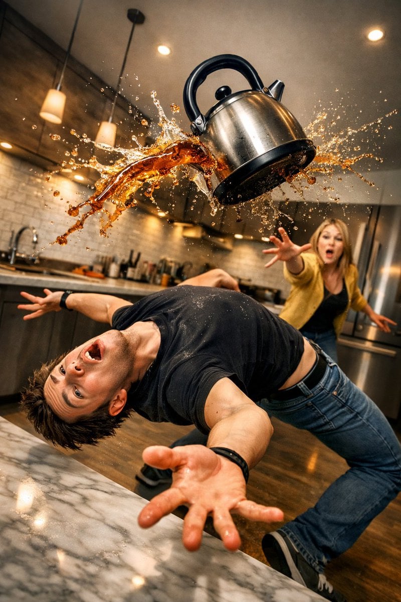 Photography: Surreal comedic scene inside a modern kitchen: a young man bends backward in a...