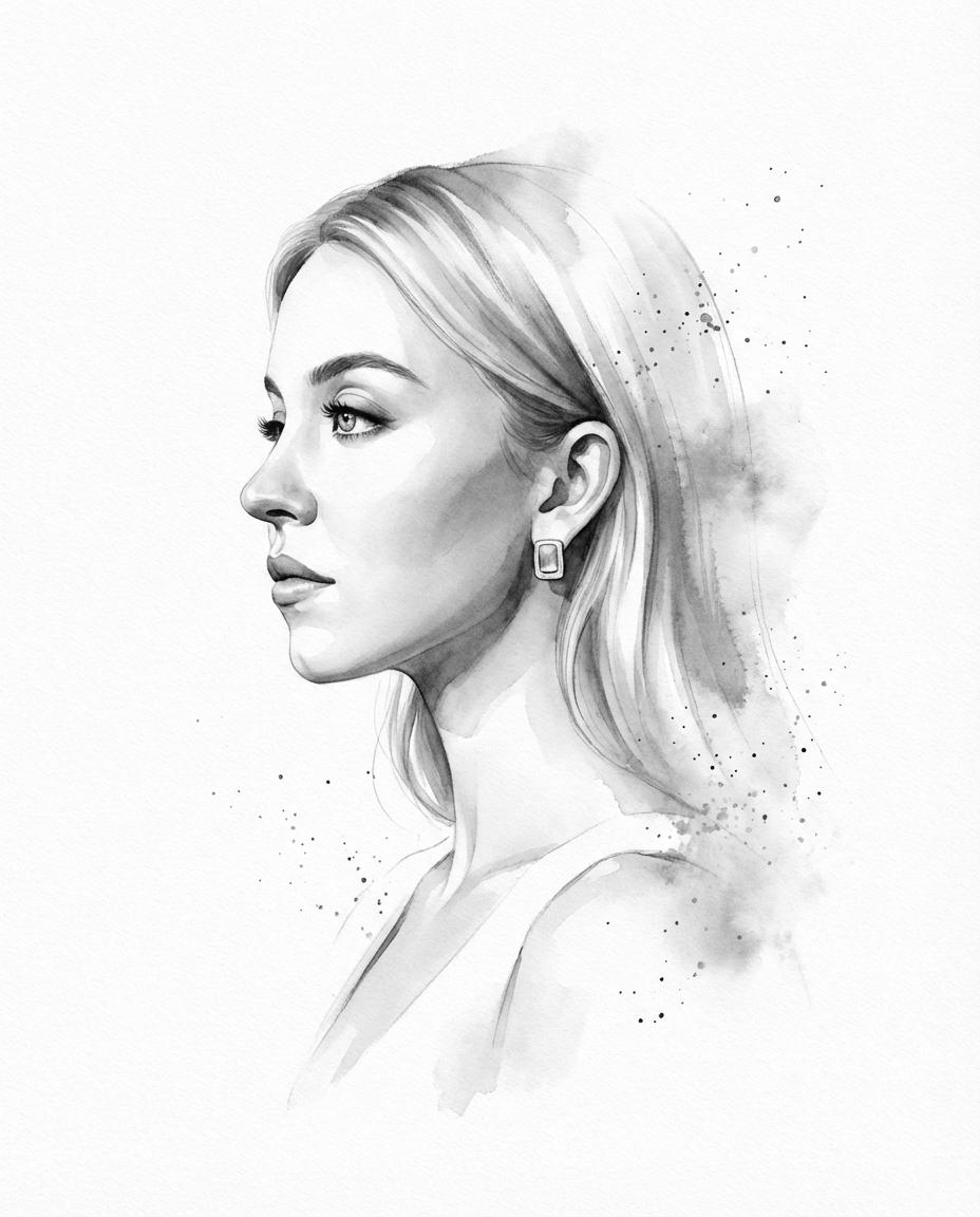 Illustration & 3D: Transform the input photo into a refined monochromatic ink portrait on a pure ...