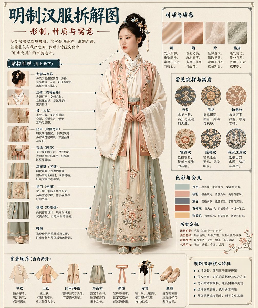 Poster Design: 请根据[主题]自动生成一张[博物馆图鉴式中文拆解信息图]。 要求整张图兼具真实写实主视觉、结构拆解、中文标注、材质说明、纹样寓意、色彩含义和核心特征总结。你...