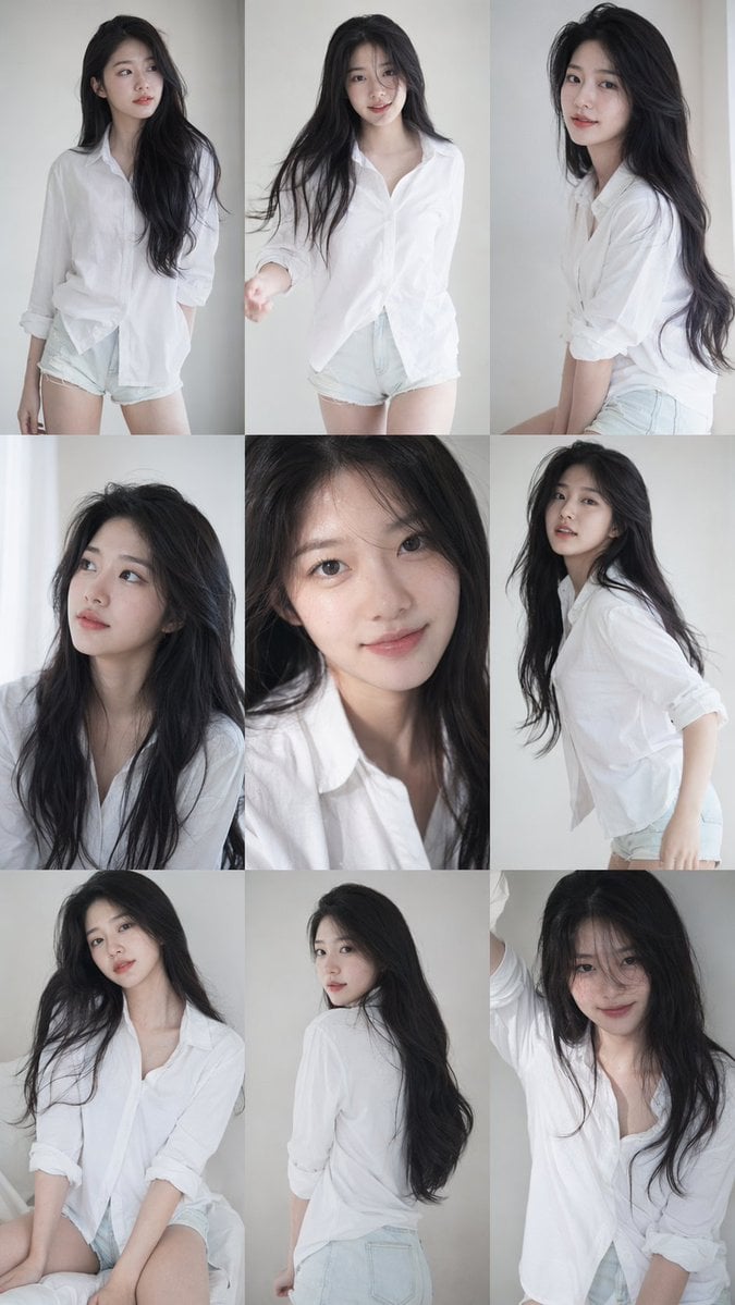 Photography: 9:16 vertical — a 3x3 grid collage (nine images) forming a Korean idol portrai...