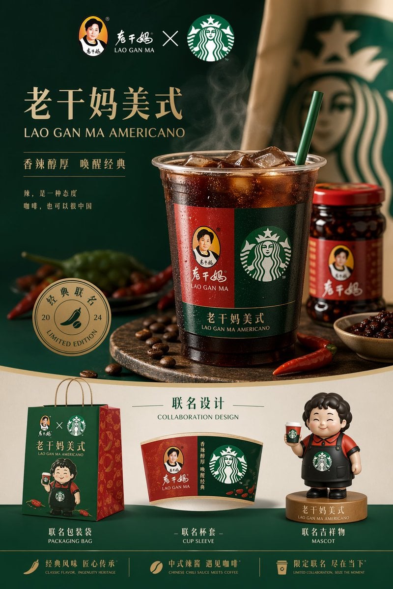 Poster Design: 生成完整高端的品牌运营图 ，产品是老干妈和星巴克的联名款：老干妈美式，中间是主图，下面放一些联名的设计，包装袋、杯套以及吉祥物。