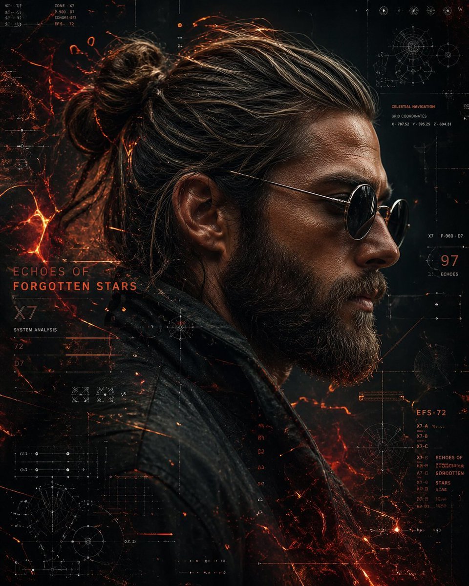 Poster Design: A cinematic side-profile portrait of a rugged man with a tied-back bun and ful...