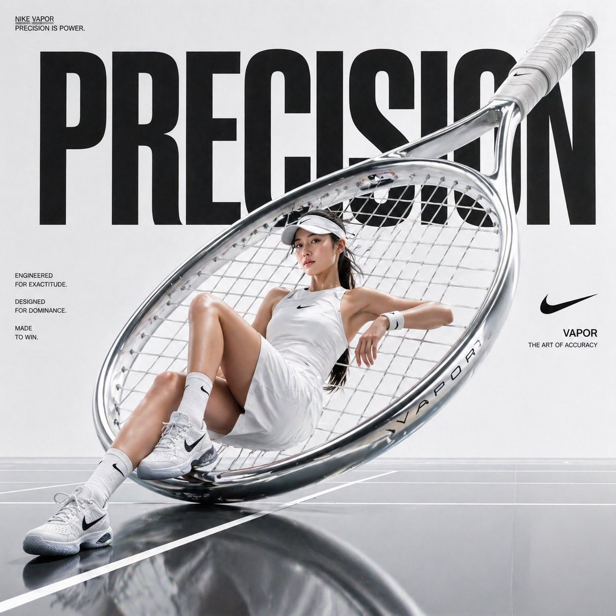 Poster Design: Avant-garde sports fashion advertisement, oversized tennis racket positioned l...