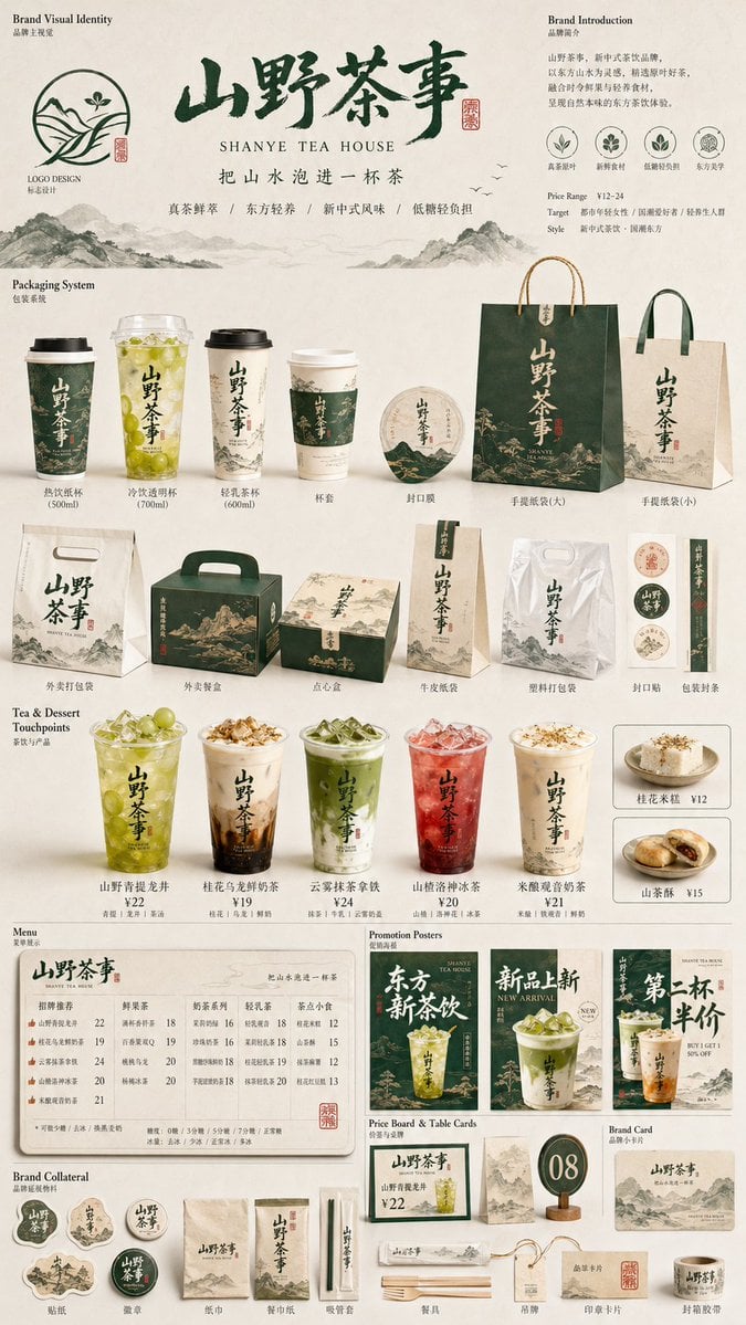 Poster Design: 生成一张[餐饮品牌触点矩阵]系列视觉图，用于展示一个完整的餐饮品牌视觉系统与包装应用方案。 这是一个面向餐饮行业的品牌VI样机展示板 / 包装系统陈列图 /...