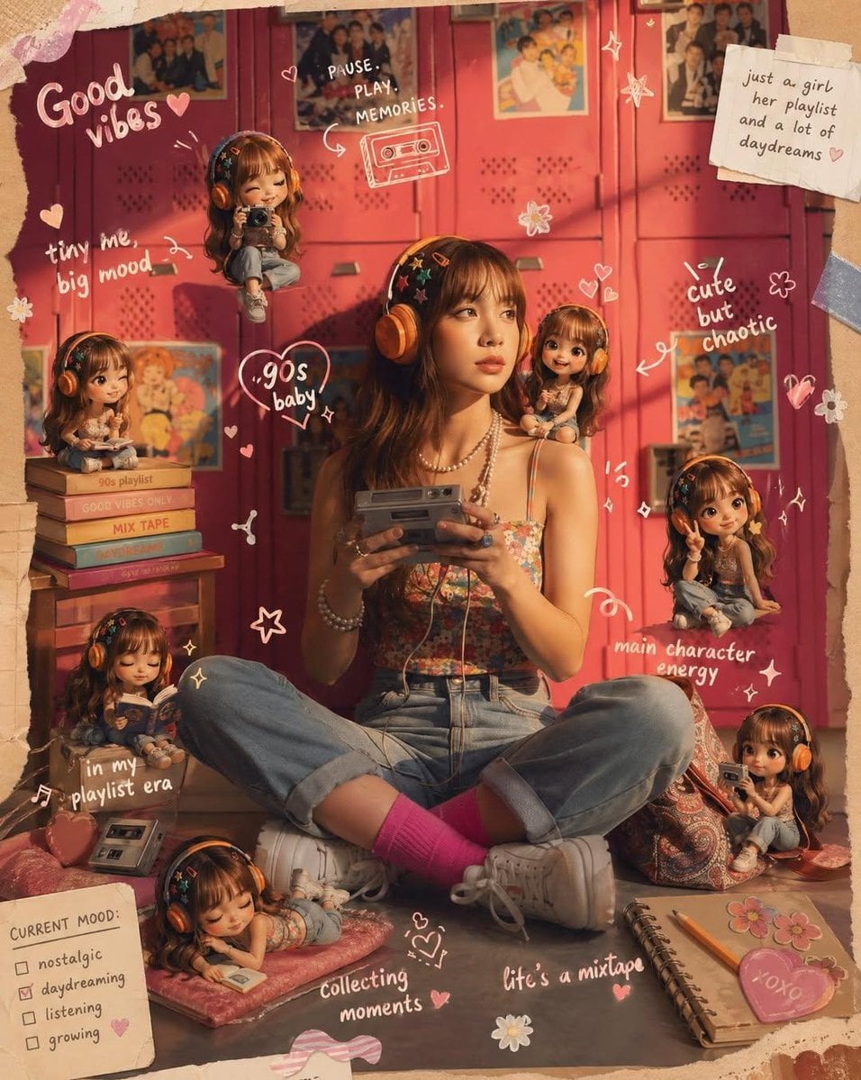 Poster: Transform the provided reference image into a cozy aesthetic scrapbook-style c...