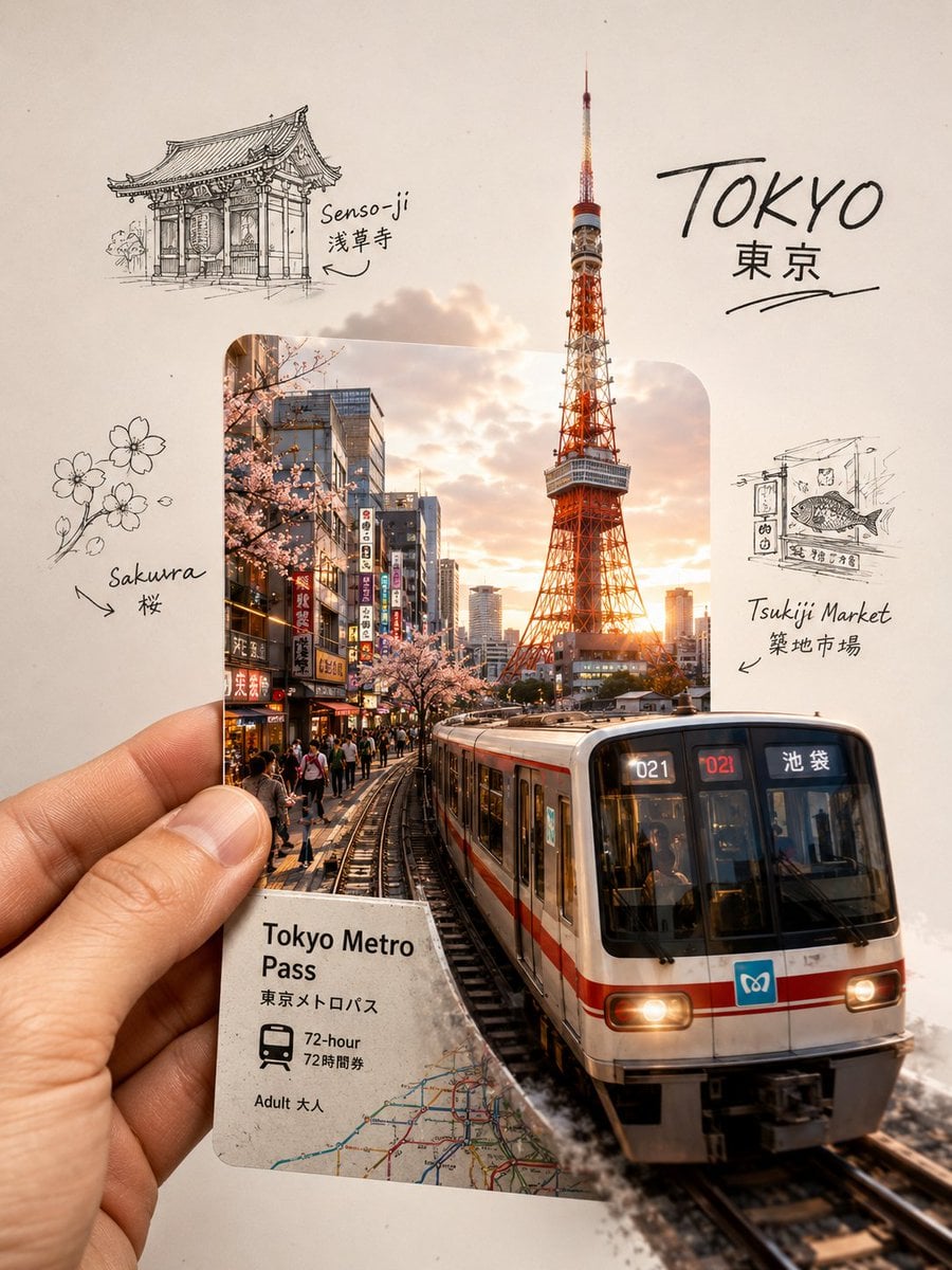 Design: A highly aesthetic travel-journal collage of Tokyo, Japan, designed in a moder...