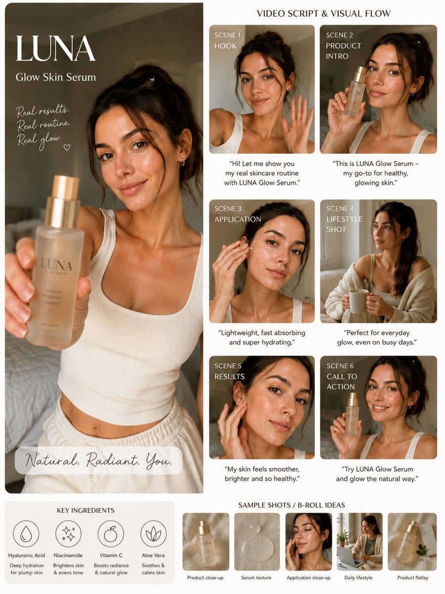 Product: (Luxury AI UGC skincare campaign board), warm beige aesthetic, beautiful femal...